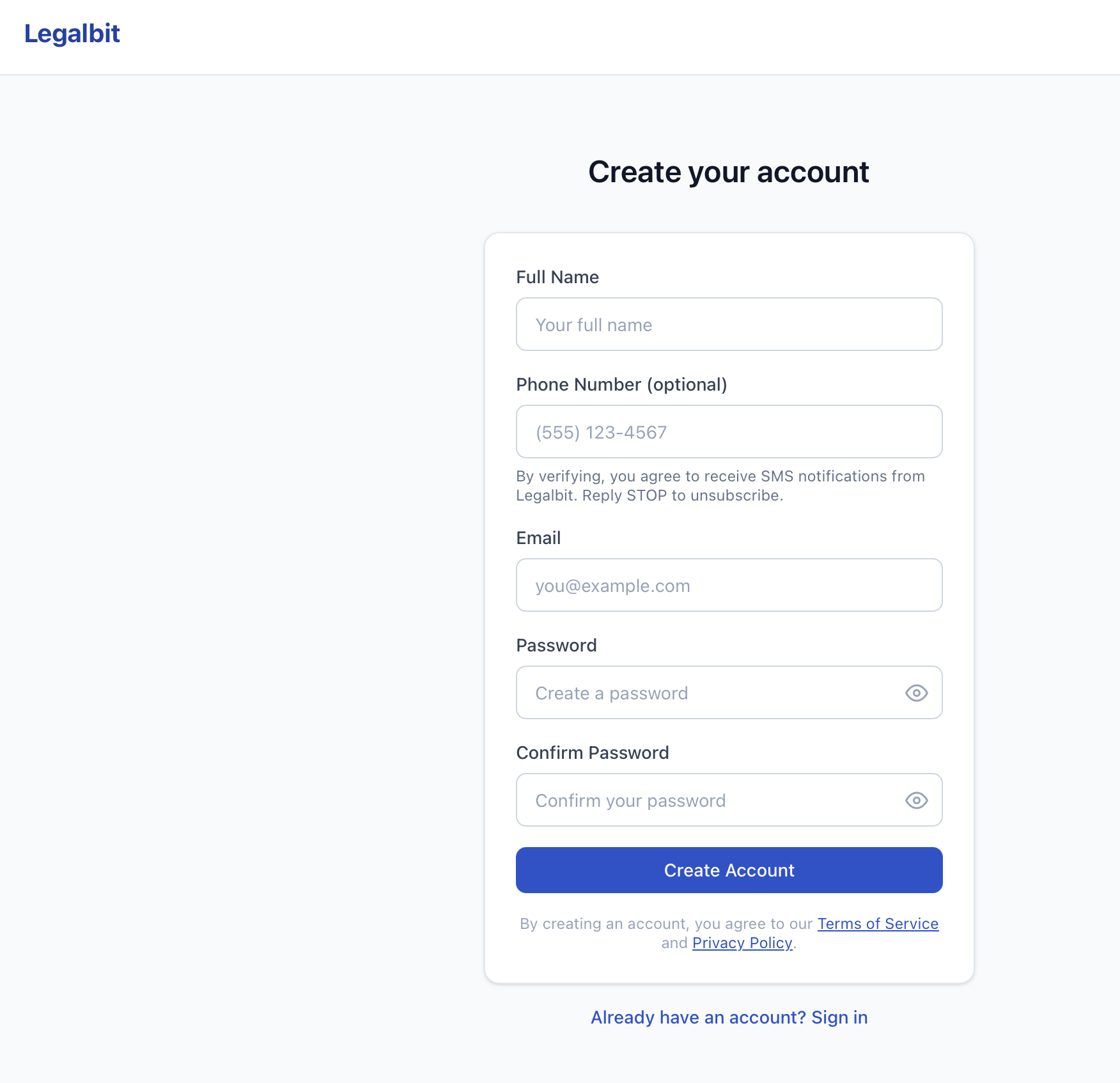 Legalbit sign-up form showing the phone number field with consent language: By verifying, you agree to receive SMS notifications from Legalbit. Reply STOP to unsubscribe.